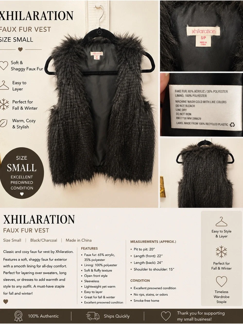 Xhilaration Charcoal Black Shaggy Faux Fur Vest